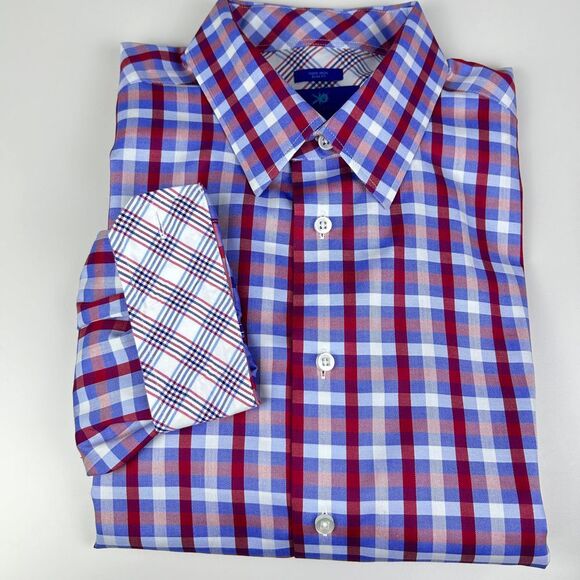 Egara Mens Plaid Button Up Red Blue Non-Iron Slim Fit Long‎ Sleeve Shirt XL - Picture 1 of 12